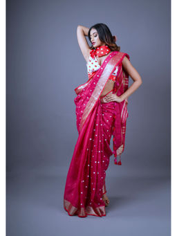 Shobitam - Maroon Loving Hearts Embroidered Pure Linen Saree with Unstitched Blouse