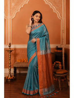Shobitam - Teal Chunri Buti Tissue Linen Saree with Unstitched Blouse