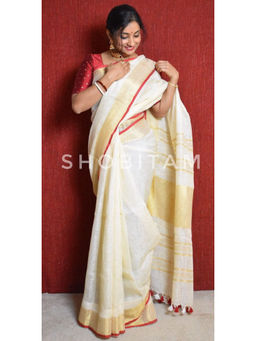 Shobitam - Ivory Border Linen Saree with Unstitched Blouse with Unstitched