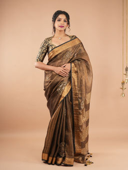 Shobitam - Copper Cut Dana Sequins Tissue Linen Saree with Unstitched Blouse