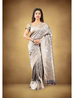 Shobitam - Gray Meenakari Jaal Katan Silk Saree with Unstitched Blouse