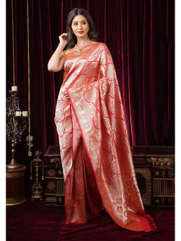 Shobitam - Red Persian Trellis Jaal Banarasi Katan Silk Saree with Unstitched Blouse
