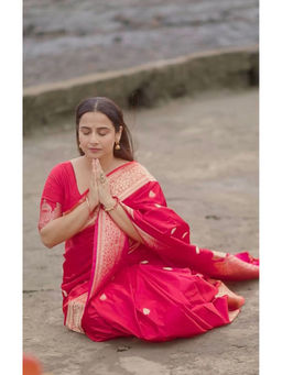 Shobitam - Red Damask Butta Banarasi Mashru Silk Saree with Unstitched Blouse