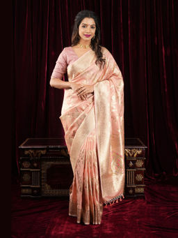 Shobitam - Blush Peach Leheria Tissue Semi Silk Saree with Unstitched Blouse