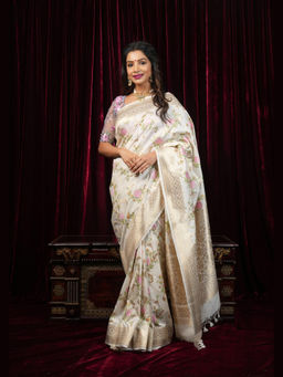 Shobitam - Off White Minakaris Rose Jaal Semi Silk Saree with Unstitched Blouse