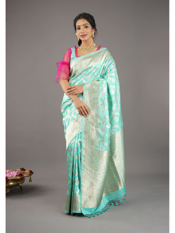 Shobitam - Lagoon Teal Minakaris Floral Jaal Katan Silk Saree with Unstitched Blouse