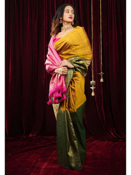 Shobitam - Mustard Pink Pallu Kanjivaram Pure Silk Saree with Unstitched Blouse