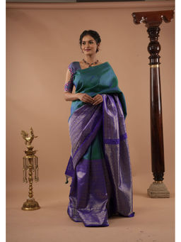 Shobitam - Purple Half Border Kanjivaram Pure Silk Saree with Unstitched Blouse