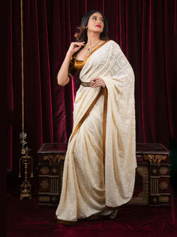Shobitam - Cream Trim Self Embroidery Georgette Saree with Unstitched Blouse with Unstitched