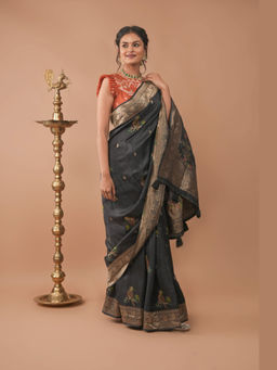 Shobitam - Black Minakaris Parrot Floral Viscose Saree with Unstitched Blouse