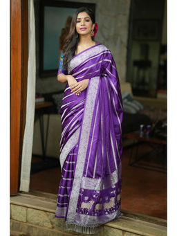 Shobitam - Deep Purple Zari Stripe Pichwai Saree with Unstitched Blouse