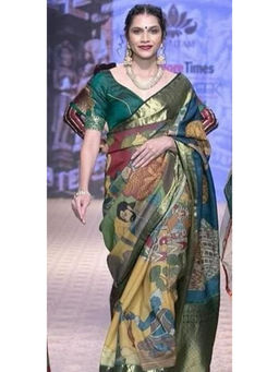 Shobitam - Pure Silk Kanjivaram Pen Kalamkari Saree with Unstitched Blouse