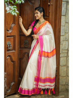 Shobitam - White Ganga Jamuna Maheshwari Silk Cotton Saree with Unstitched Blouse