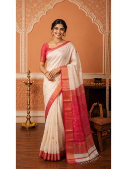 Shobitam - Off White Maheshwari Silk Cotton Saree with Unstitched Blouse