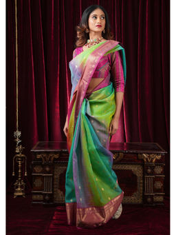 Shobitam - Multicolour Ombre Chanderi Silk Saree with Unstitched Blouse