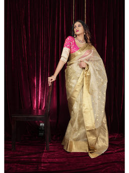 Shobitam - Ivory Zari Checks Chanderi Silk Saree with Unstitched Blouse