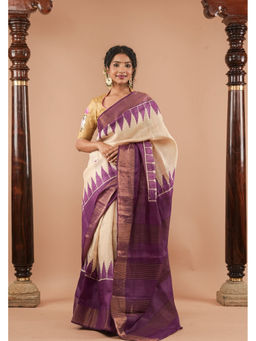 Shobitam - Beige Temple Print Jari Tussar Silk Saree with Unstitched Blouse