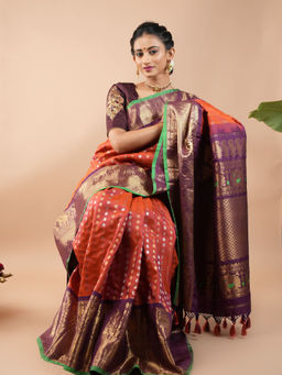 Shobitam - Rust Zari Butta Gadwal Silk Saree with Unstitched Blouse