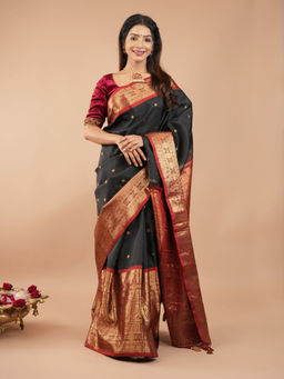 Shobitam - Black Wide Zari Border Gadwal Silk Saree with Unstitched Blouse