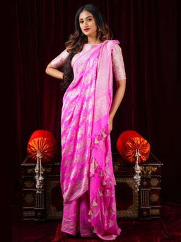 Shobitam - Pink Rose Jaal Banarasi Silk Georgette Saree with Unstitched Blouse