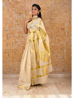 Shobitam - Kerala Kasavu Baby Krishna Theme Tissue Cotton Saree with Unstitched Blouse