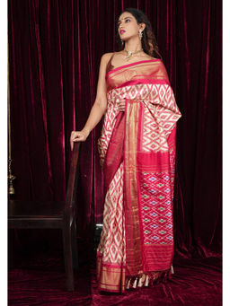 Shobitam - Red Geometric Ikkat Pure Silk Saree with Unstitched Blouse