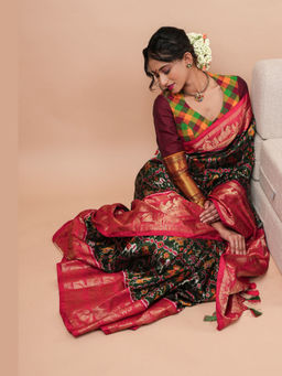 Shobitam - Blue Ikkat Kanjivaram Fusion Silk Saree with Unstitched Blouse