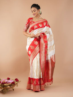 Shobitam - White Dual Tone Jharoka Pattern Katan Silk Saree with Unstitched Blouse