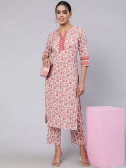 Jaipur Kurti - Women White & Pink Printed Straight Kurta With Pant (Set of 2)