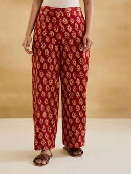 Fabindia - Red Cotton Linen Kalamkari Printed Wide Leg Trouser