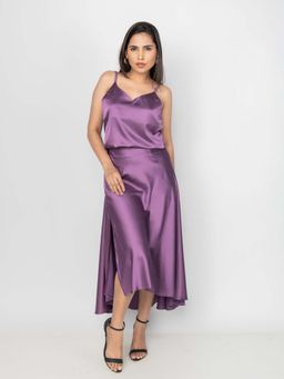 PRET PITAARA - Plum Satin Asymmetric Midi Skirt