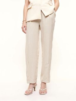 DL WOMAN - Striped Beige Straight Fit Formal Trouser