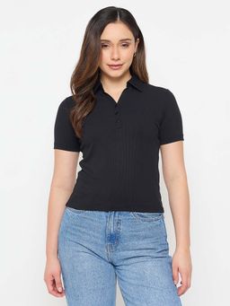 Madame - Black Solid Polo T-Shirt