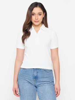Madame - White Solid Polo T Shirt