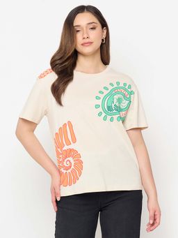 Madame - Beige Printed Cotton Round Neck T Shirt