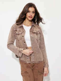 Outzidr - Brown Coloured Washed Denim Jacket