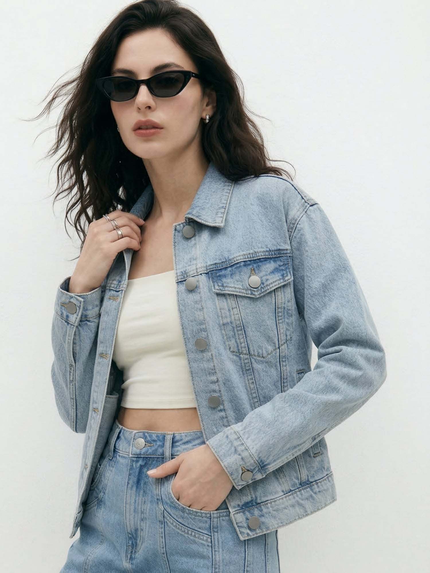 outzidr Light Blue Solid Relaxed Denim Jacket-picture-21