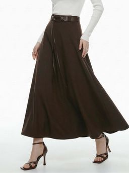 Outzidr - Brown Flouncy Solid Skirt With Belt