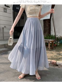 Outzidr - Blue Flowy Tiered Solid Skirt