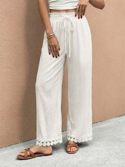 Outzidr - White Lace Hem Wide Leg Trouser