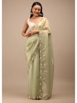 KALKI FASHION - Foam Green Tissue Saree White Moti & Cut Dana Embroidery Butti with Unstitched Blouse