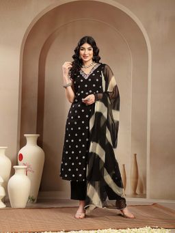 Stylum - Women Black Floral Printed Rayon A-Line Kurta with Dupatta