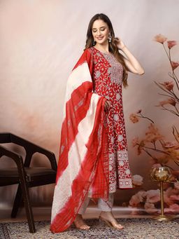 Stylum - Women Red Printed Rayon A-Line Kurta with Dupatta