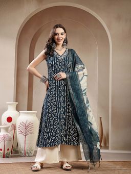 Stylum - Women Teal Bandhej Printed A-Line Rayon Kurta with Dupatta