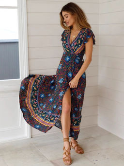 Oh Rare - Navy Blue Vacation Printed Sexy Long Skirt Women's Clothing Dress