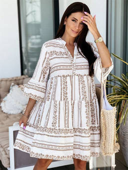 Oh Rare - White Women Loose Waist Printed Pullover Temperament Commuter Dress