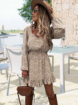 Oh Rare - Beige Printed Pleated Tight Waist Long-Sleeved Dress