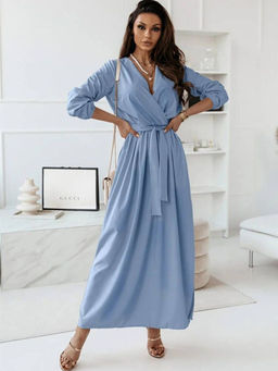 Oh Rare - Blue Long-Sleeved Slim Waist And Large Swing Dress