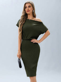 Oh Rare - Olive Women's Solid Color Pit Stripe One-Shoulder Dress