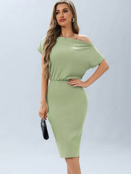 Oh Rare - Green Women's Solid Color Pit Stripe One-Shoulder Dress